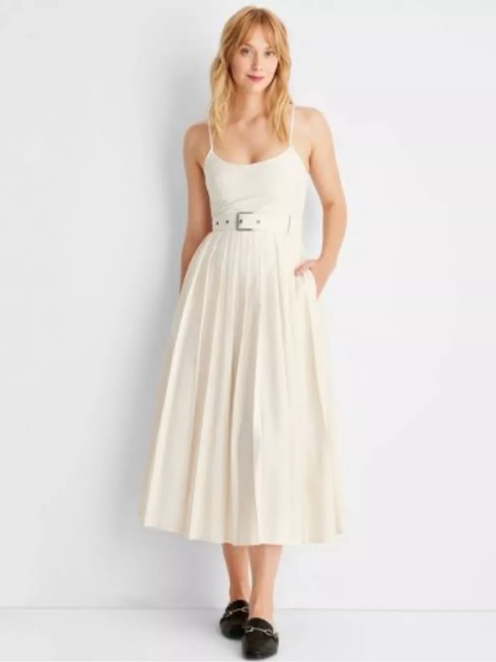 Future Collective Reese Blutstein Strappy Pleated Midi Dress Cream Size 8